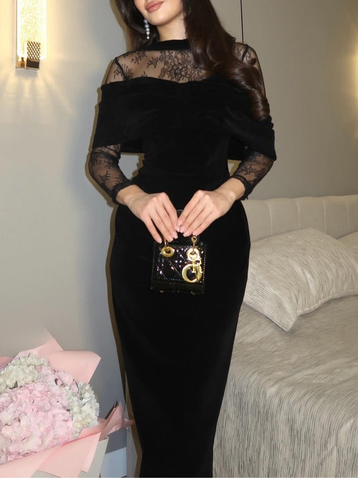 Briony - Abito da sera in pizzo con scollo Bardot
