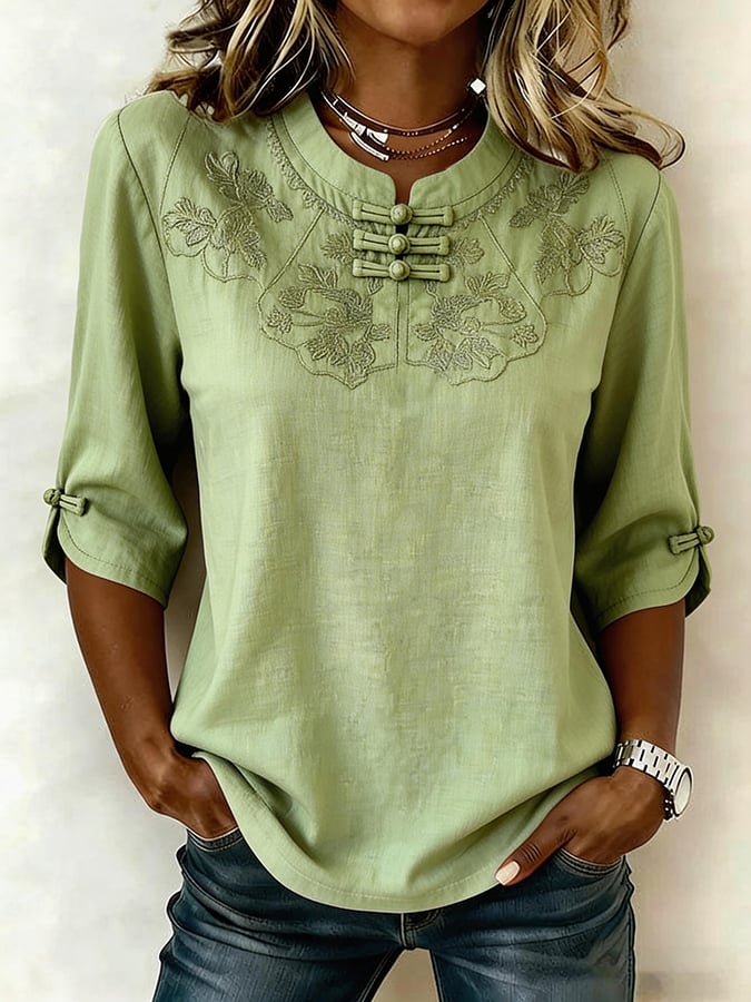 Cressida - Blusa con collo alla coreana ricamato