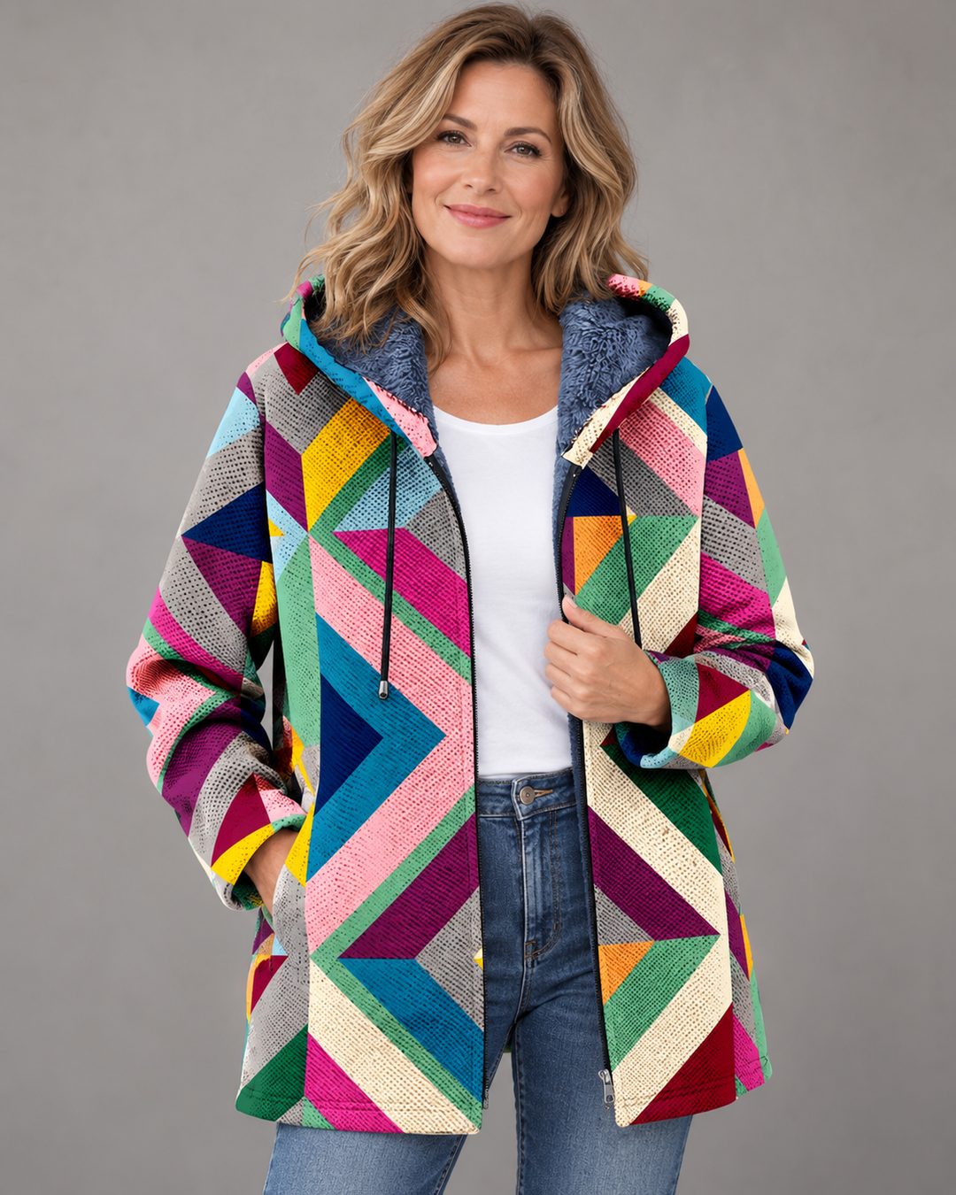 Betha - Giacca con cappuccio foderata in peluche a motivo geometrico