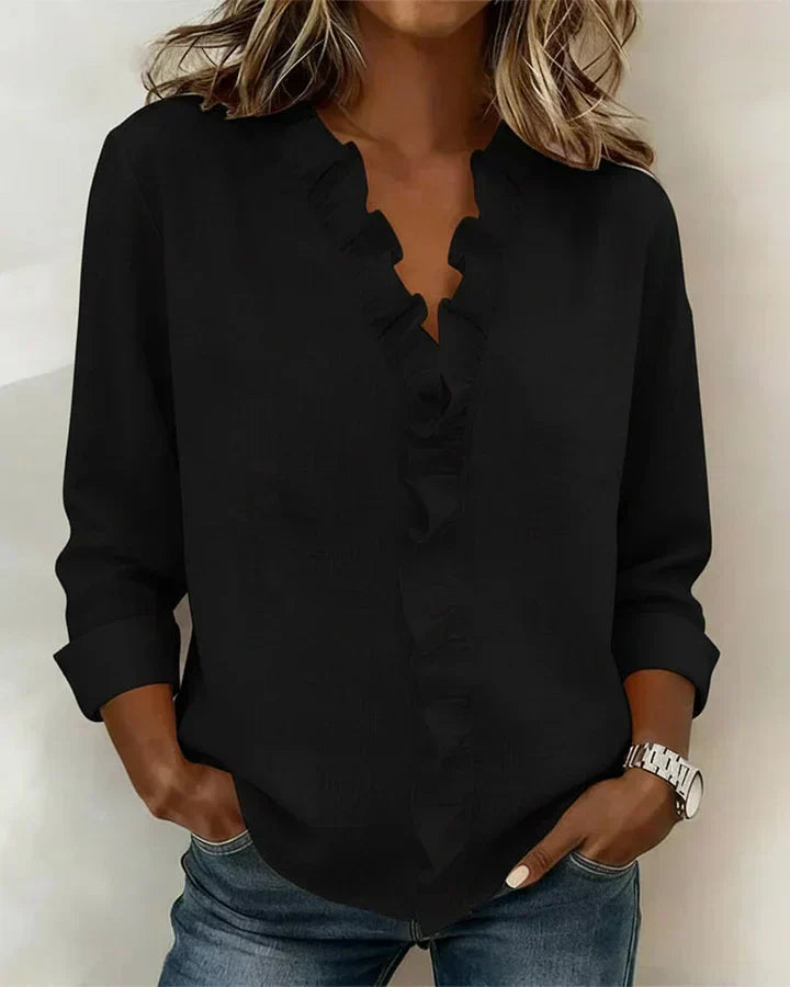 Brinae - Blusa a maniche lunghe con scollo a V arricciato, morbida al tatto