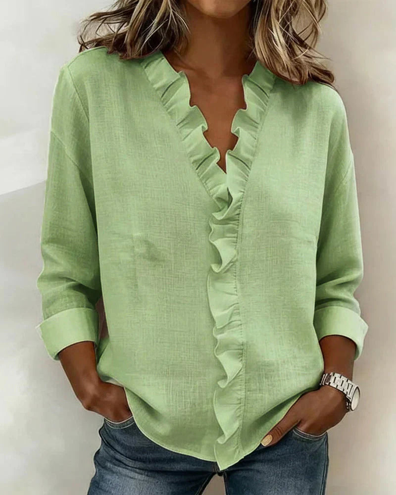 Brinae - Blusa a maniche lunghe con scollo a V arricciato, morbida al tatto