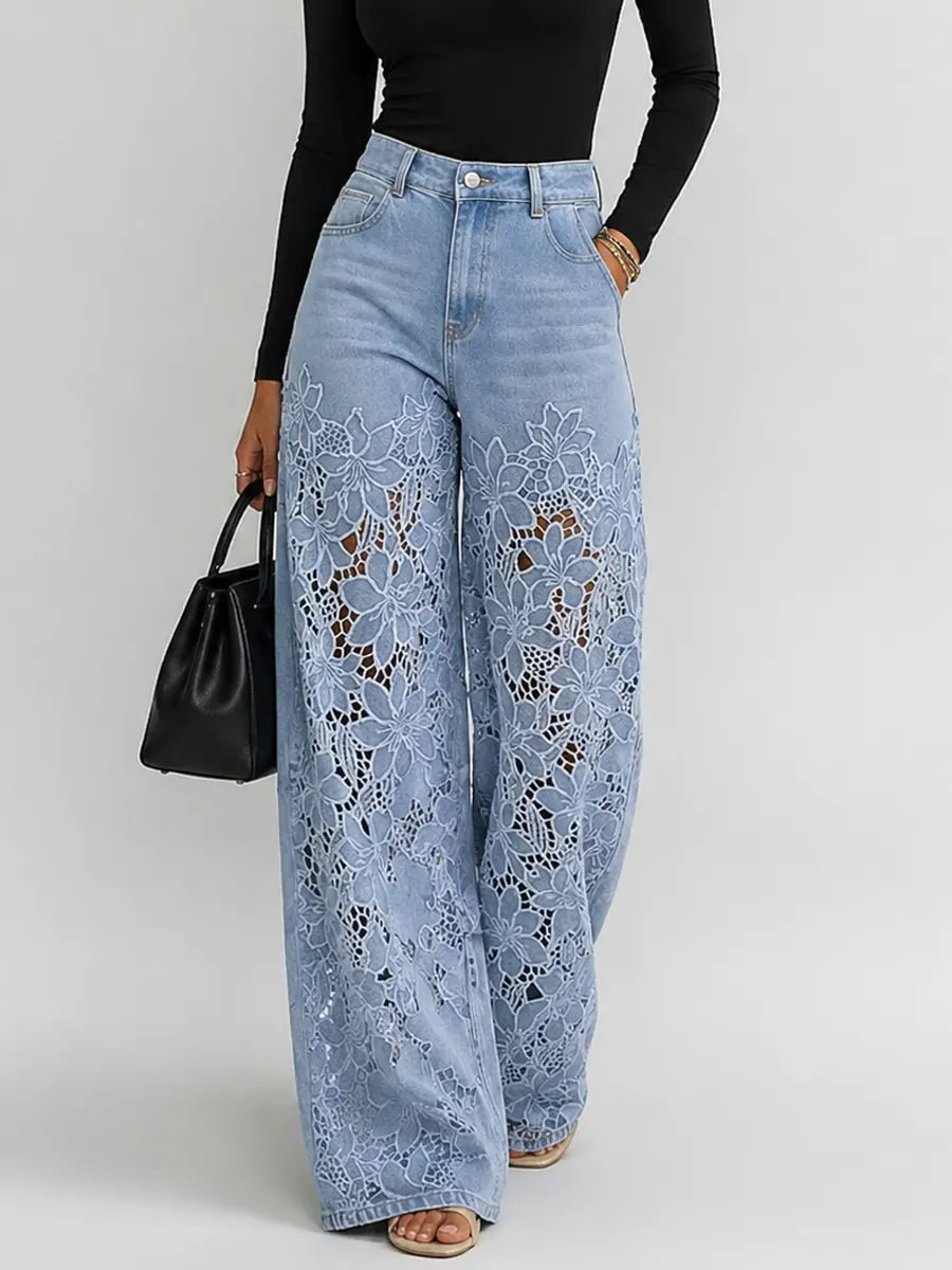 Kaliora - Jeans a gamba larga in pizzo floreale