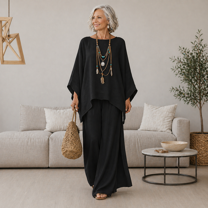 Annisette - Coordinato due pezzi con pantaloni a gamba ampia effetto soft touch