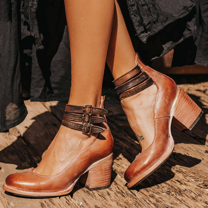 Philomena - Scarpe con tacco e cinturino alla caviglia in pelle effetto vintage