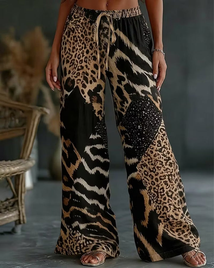 Elfrida - Pantaloni a gamba larga in patchwork leopardato, morbidi al tatto