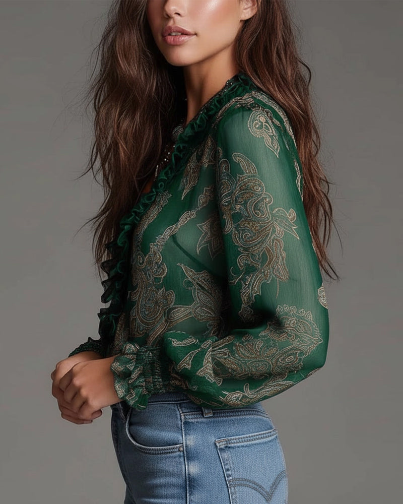 Norayi - Blusa in stampa soft-touch con maniche a volant e scollo a V