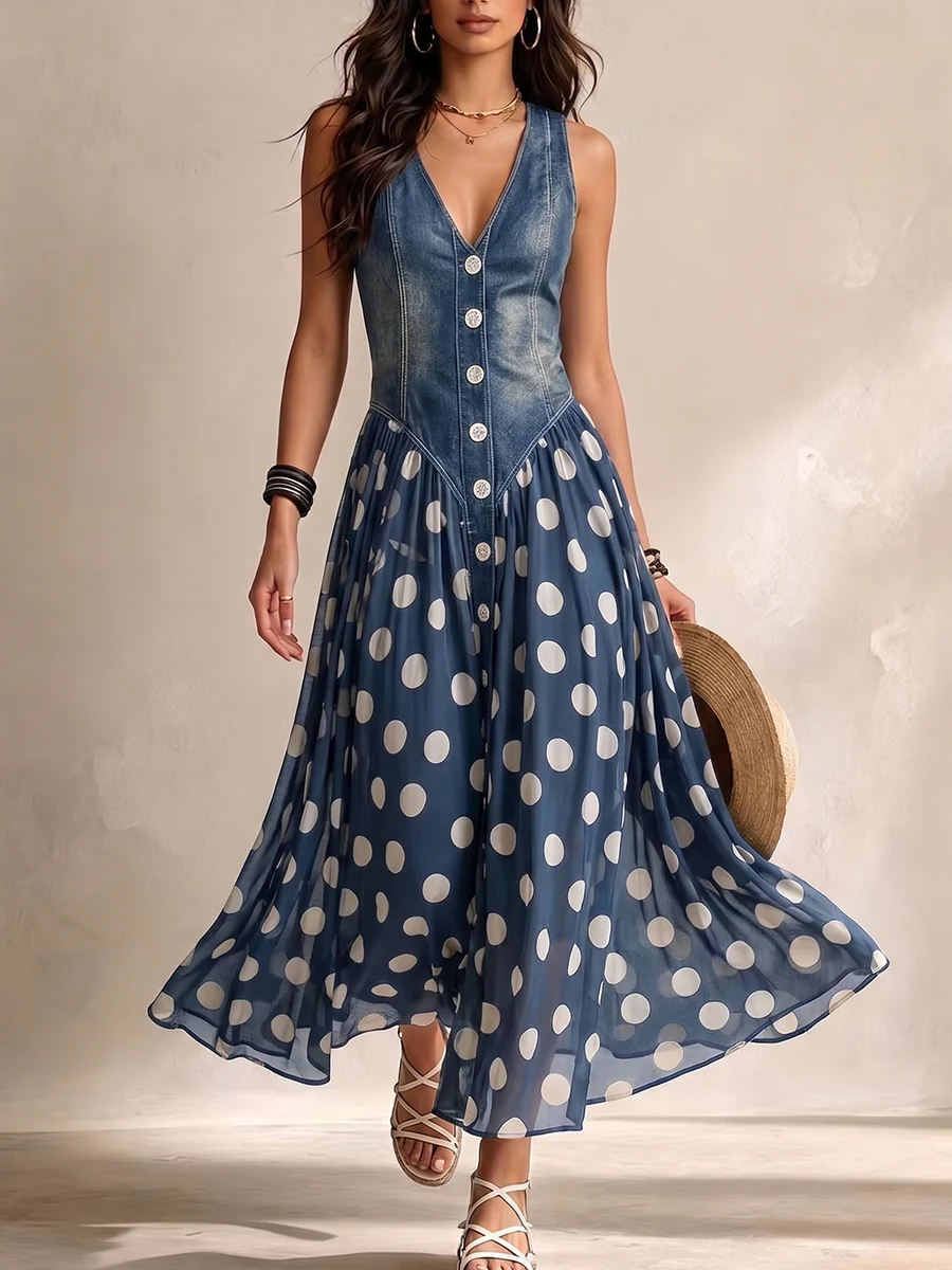 Ameliora - Abito a pois in mix di materiali