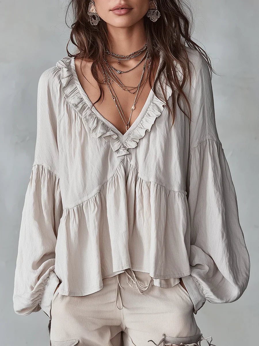 Narella - Blusa con scollo a V e rouches
