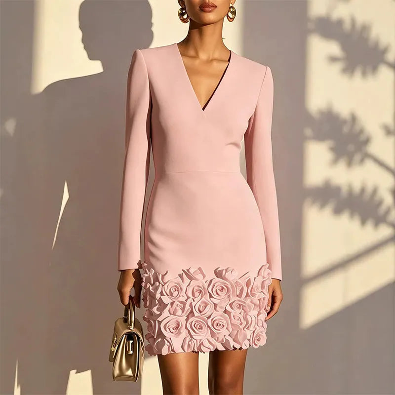Bernadette - Abito lungo con maniche lunghe, scollo a V e orlo rosa tenue