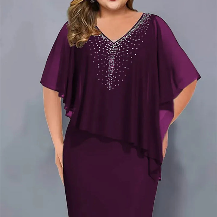 Lirienne - Abito midi in raso con scollo a V e strass di pregio