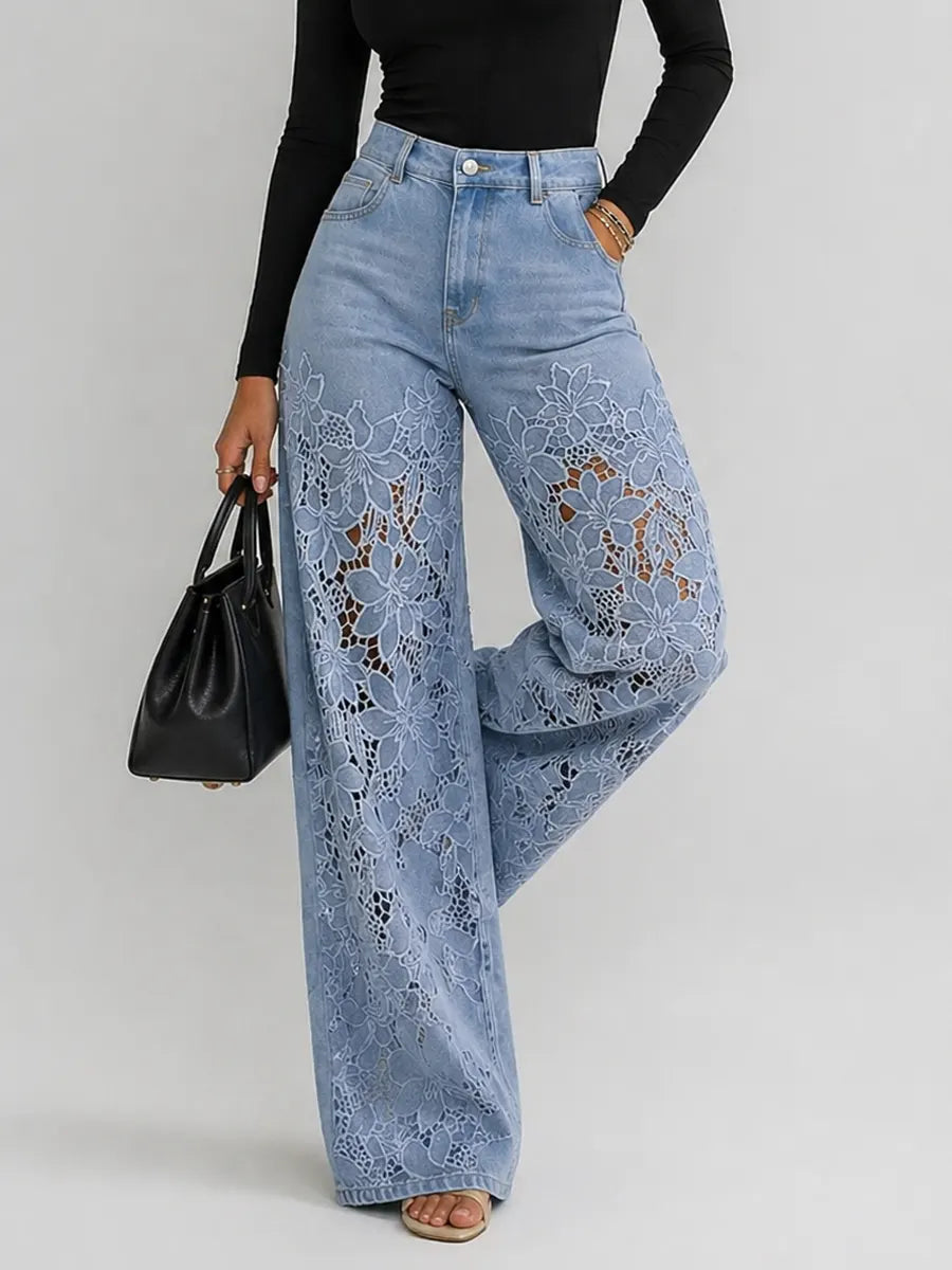 Kaliora - Jeans a gamba larga in pizzo floreale