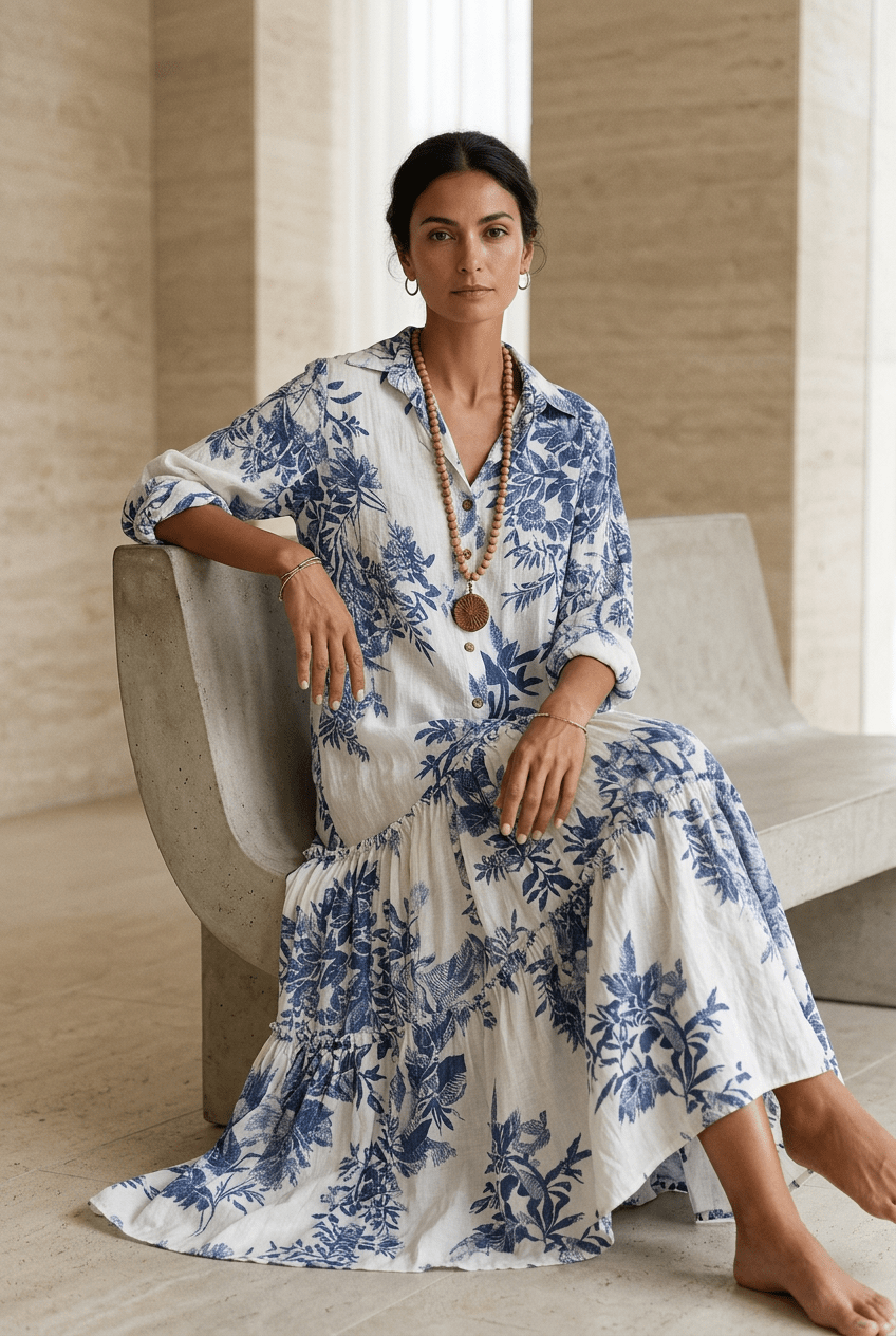 Thealise - Abito lungo leggero a fiori con bottoni