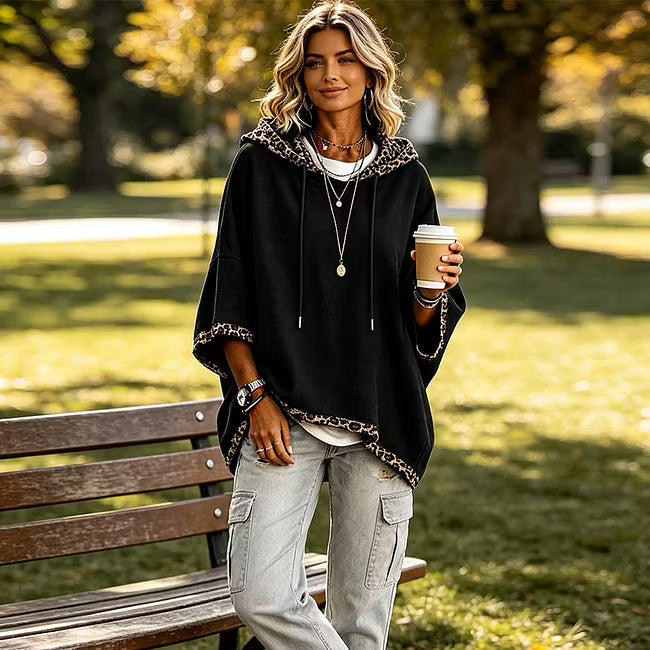 Aliz - Felpa con cappuccio, maniche a pipistrello e bordo leopardato