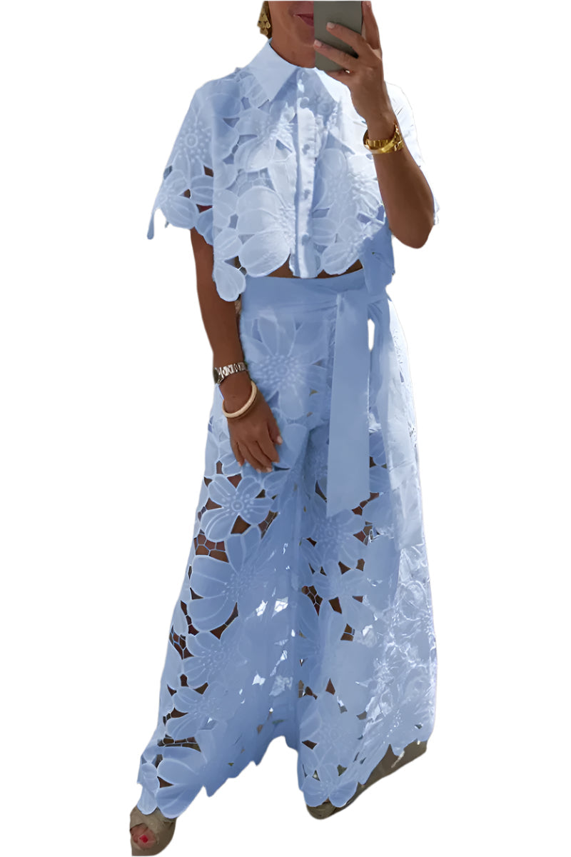 Celessia - Coordinato con blusa in pizzo floreale e pantaloni a gamba larga