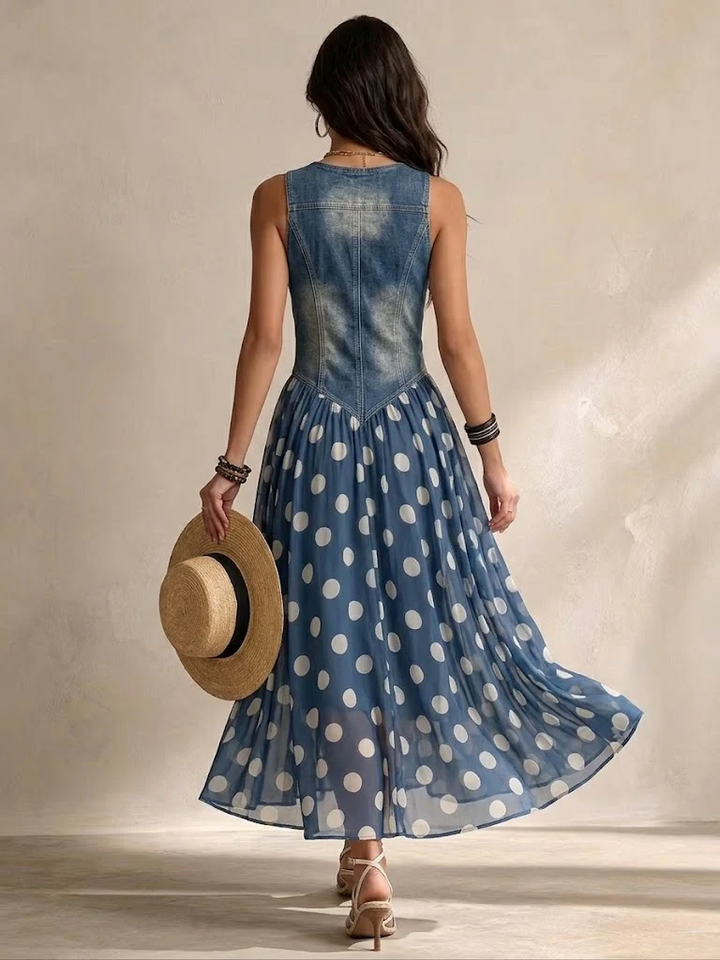 Ameliora - Abito a pois in mix di materiali