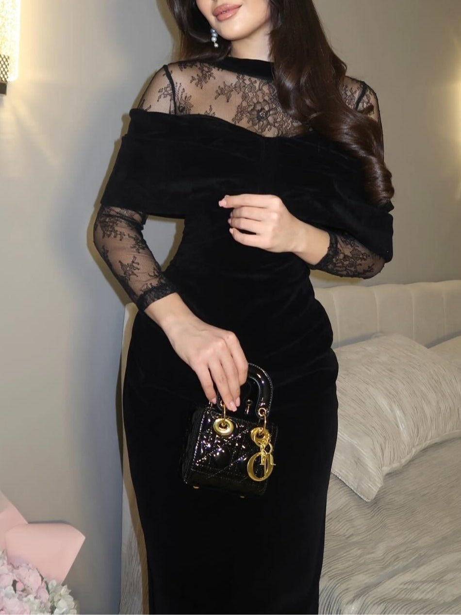 Briony - Abito da sera in pizzo con scollo Bardot