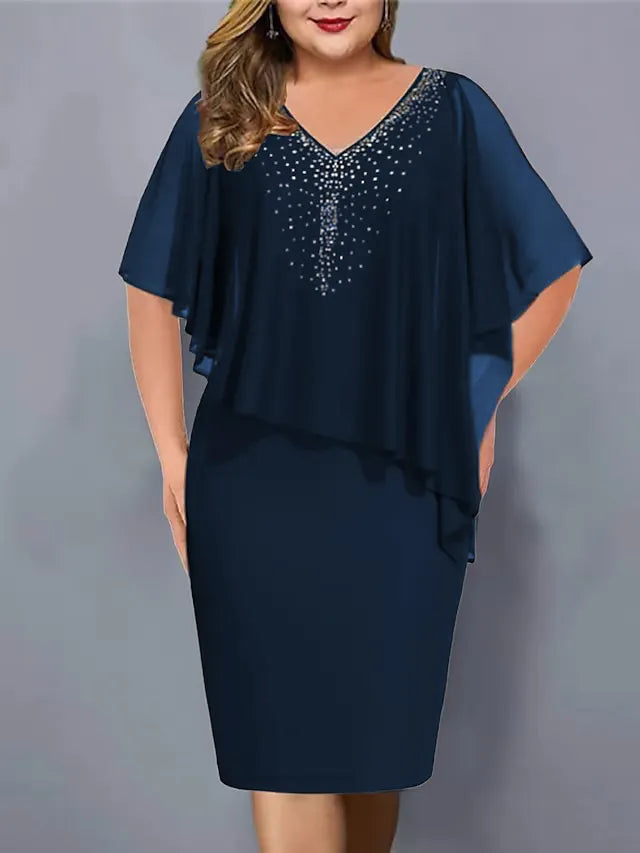Lirienne - Abito midi in raso con scollo a V e strass di pregio