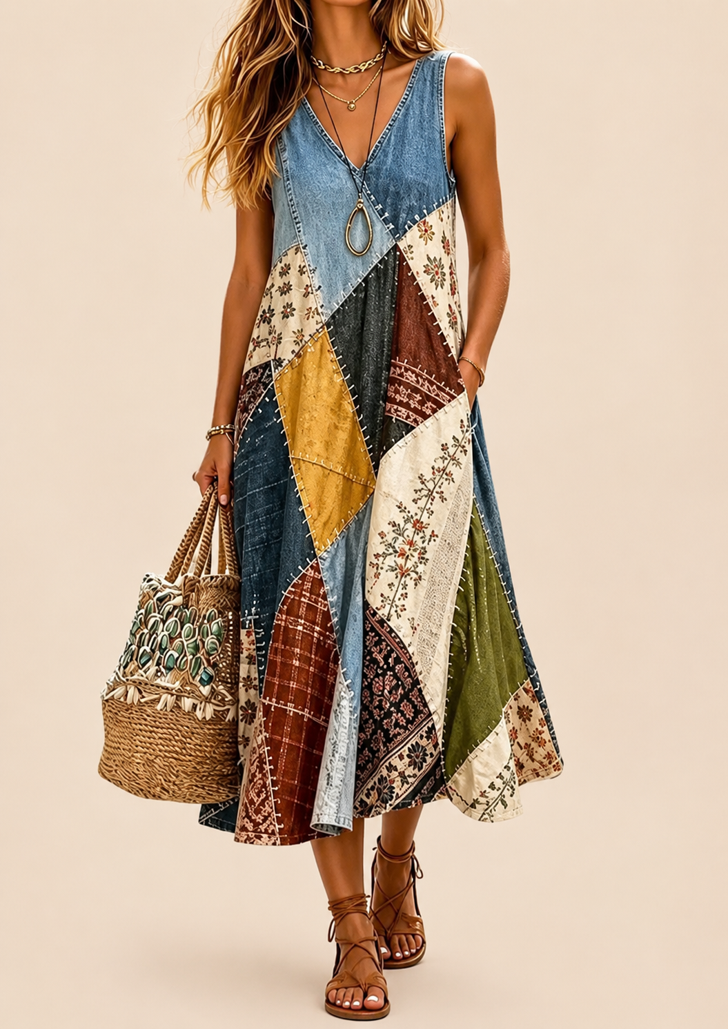 Arwyn - Abito bohémien fluido in patchwork
