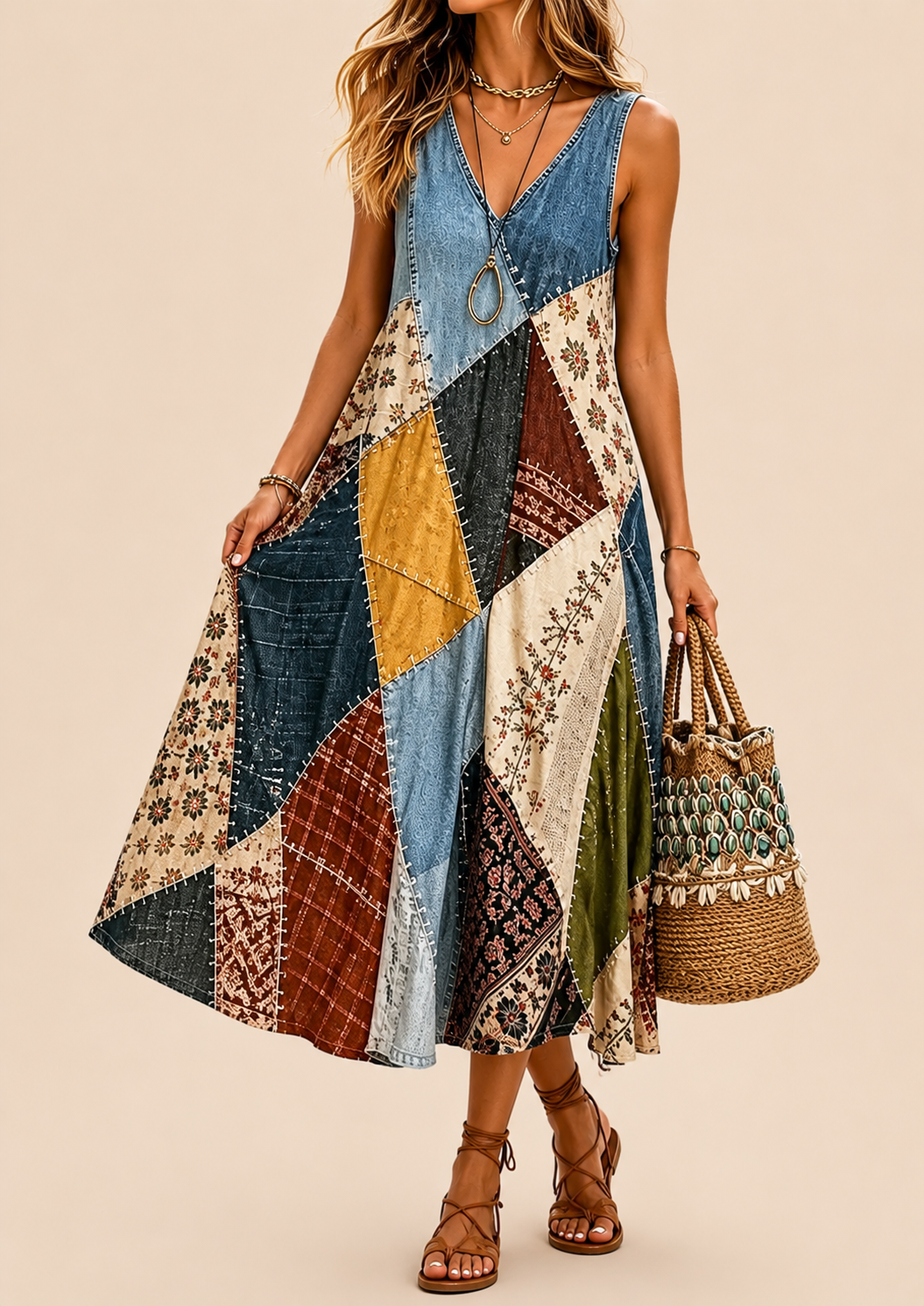 Arwyn - Abito bohémien fluido in patchwork