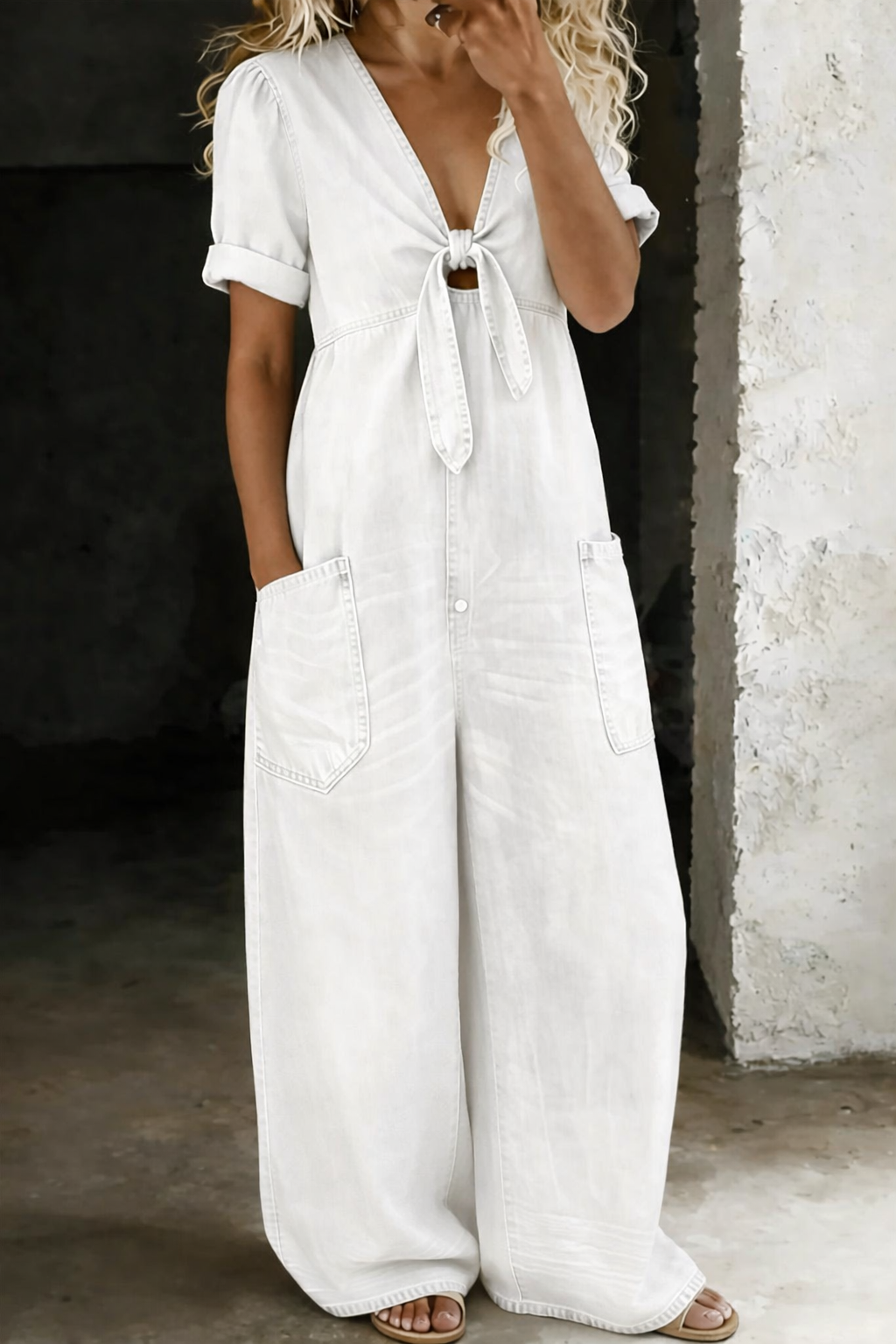 Faelina - Salopette in denim con fiocco sul davanti