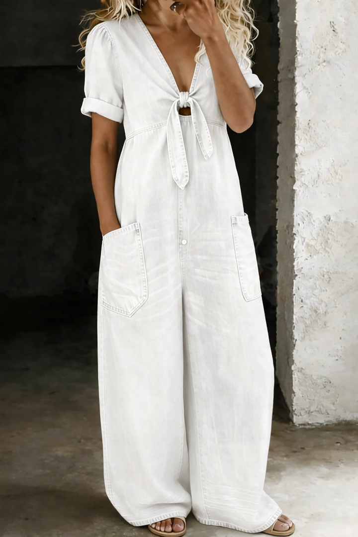 Faelina - Salopette in denim con fiocco sul davanti