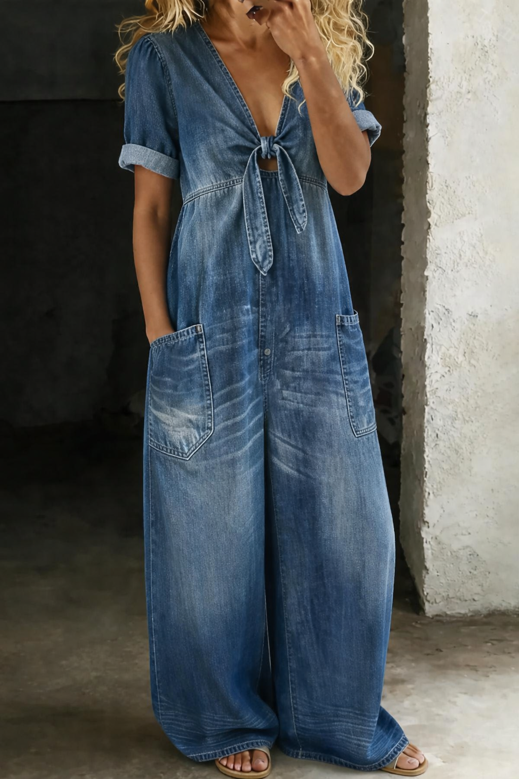 Faelina - Salopette in denim con fiocco sul davanti