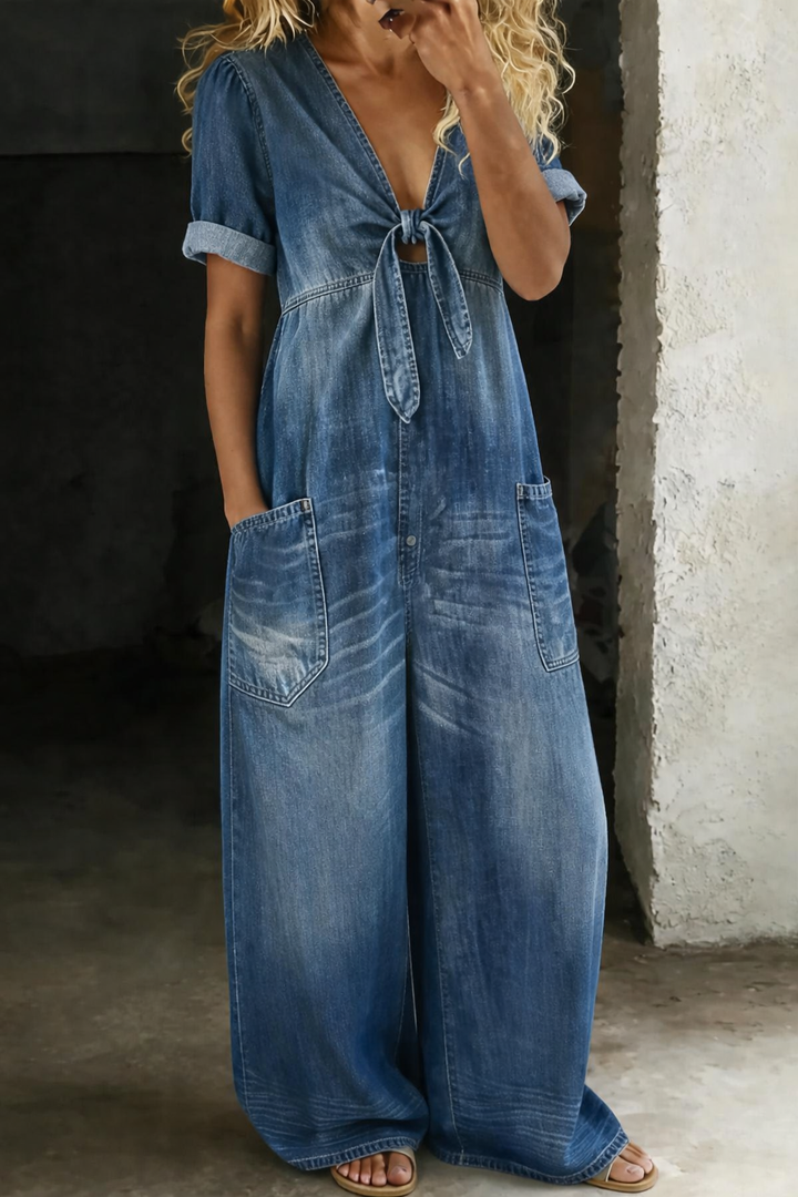 Faelina - Salopette in denim con fiocco sul davanti