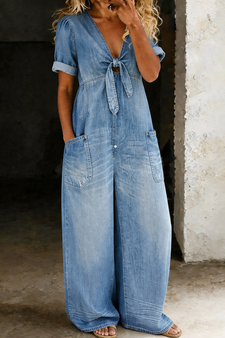 Faelina - Salopette in denim con fiocco sul davanti