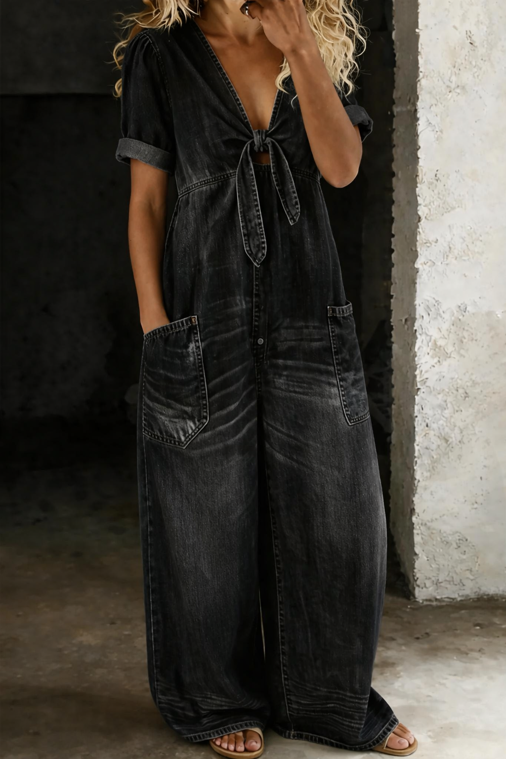 Faelina - Salopette in denim con fiocco sul davanti