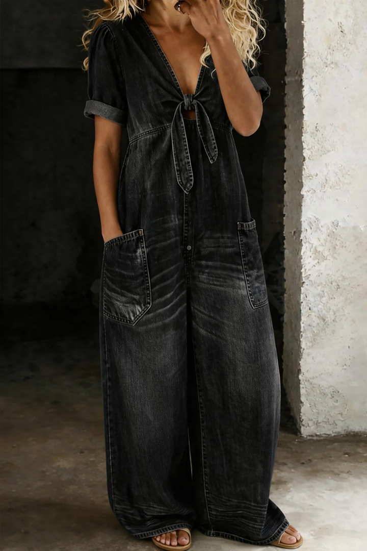 Faelina - Salopette in denim con fiocco sul davanti