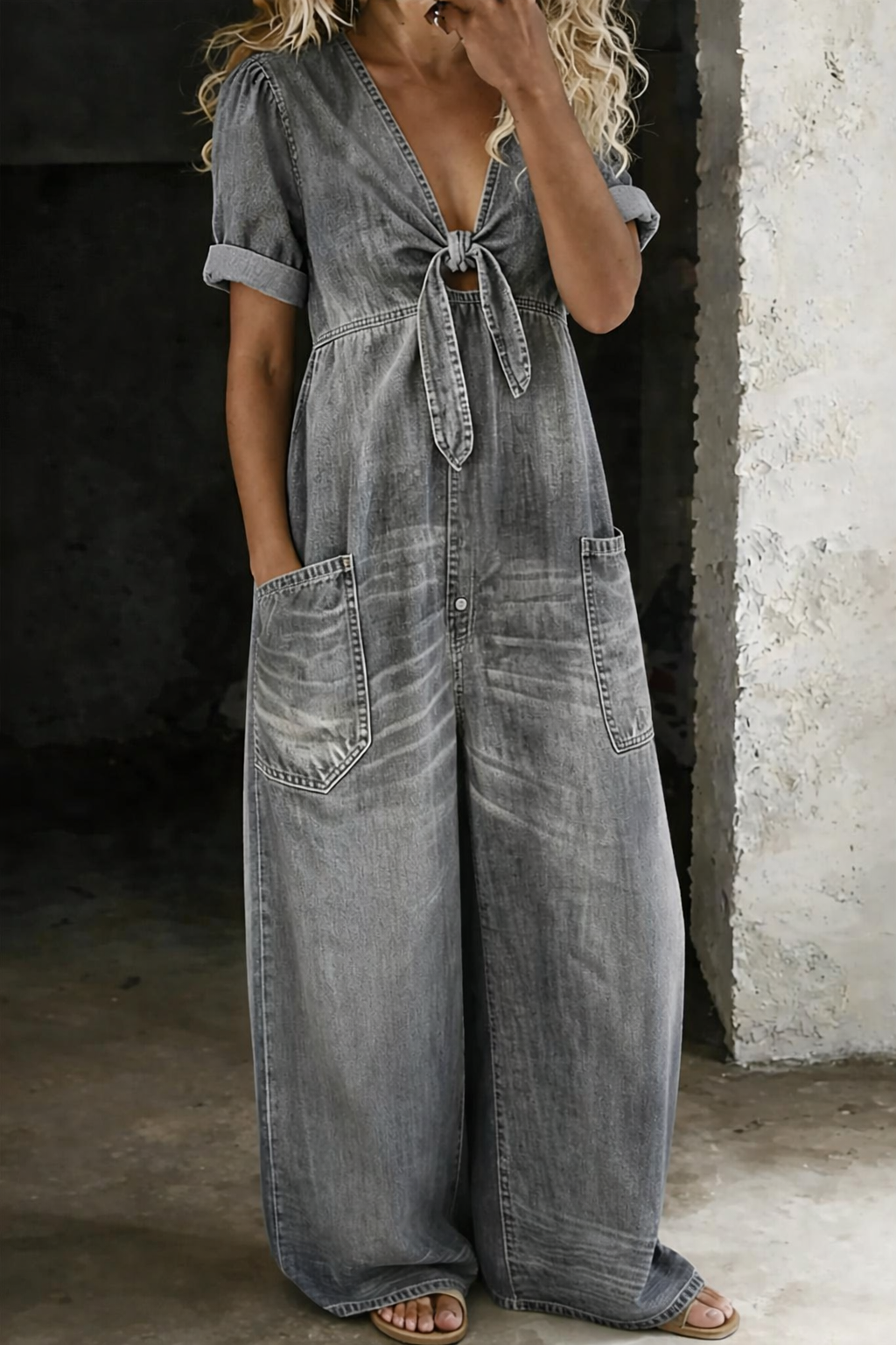 Faelina - Salopette in denim con fiocco sul davanti