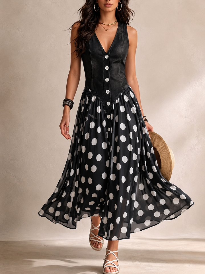 Ameliora - Abito a pois in mix di materiali