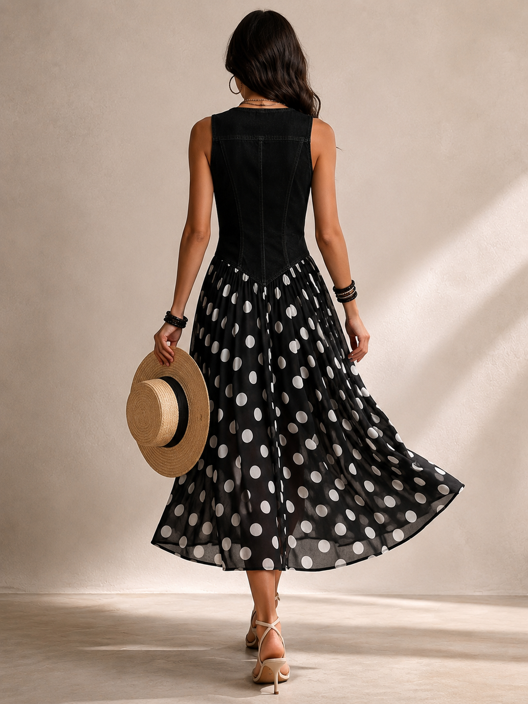 Ameliora - Abito a pois in mix di materiali
