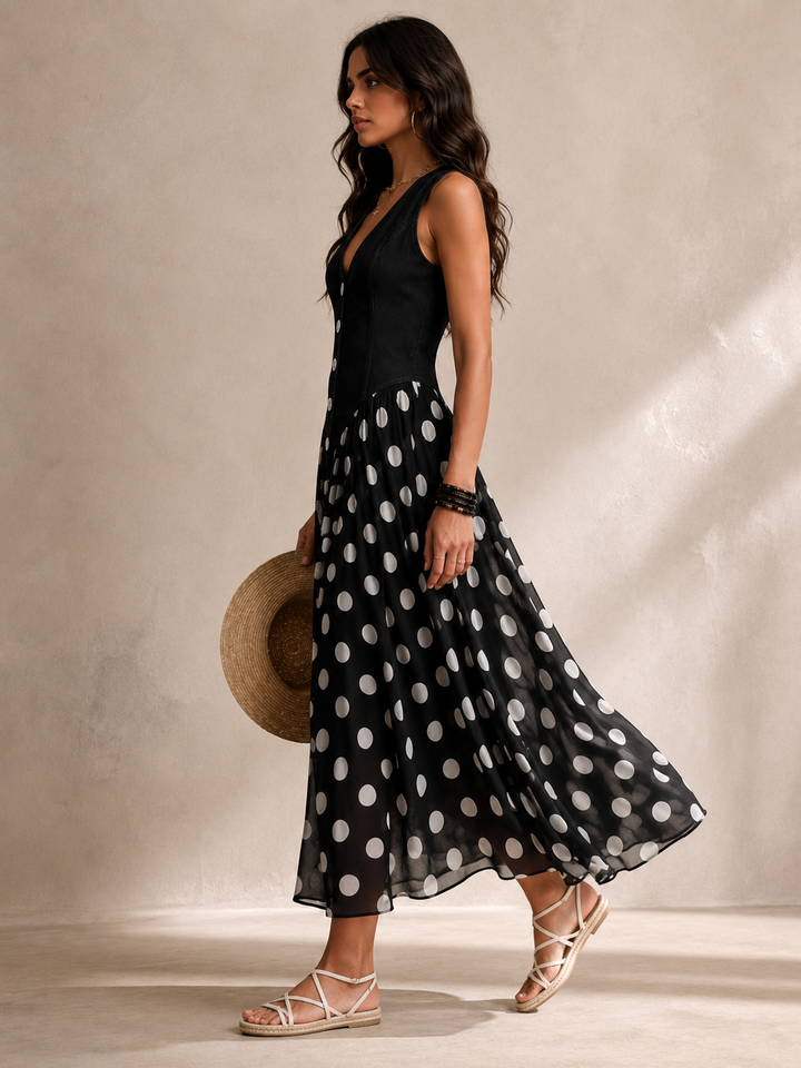 Ameliora - Abito a pois in mix di materiali