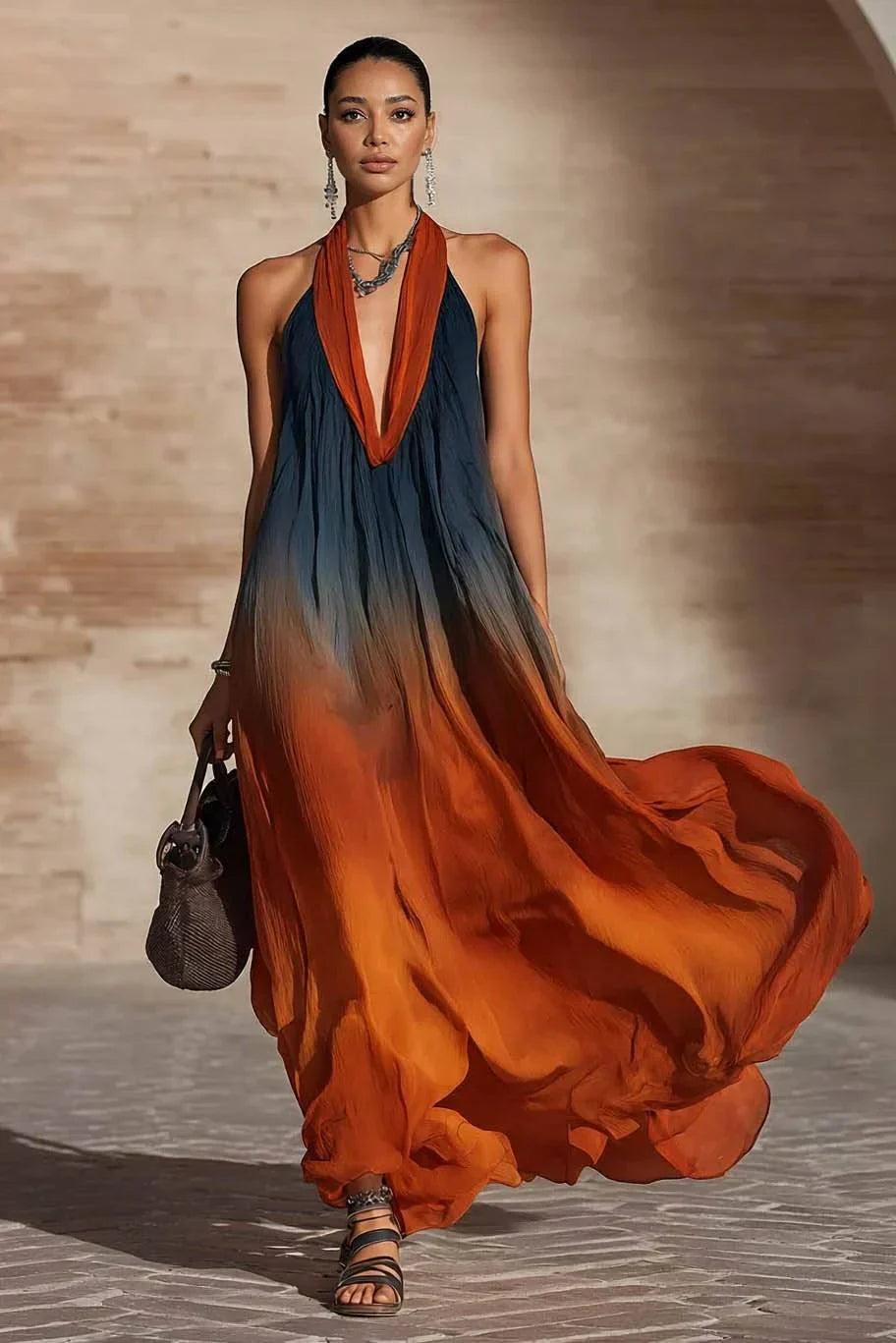 Calissa - Abito maxi con scollo all’americana, morbido al tatto