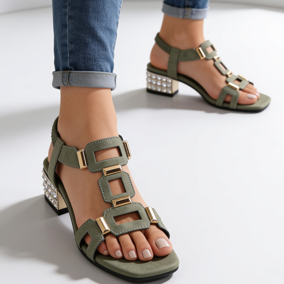 Marcella - sandali slingback con tacco a blocco e decorazioni in cristallo