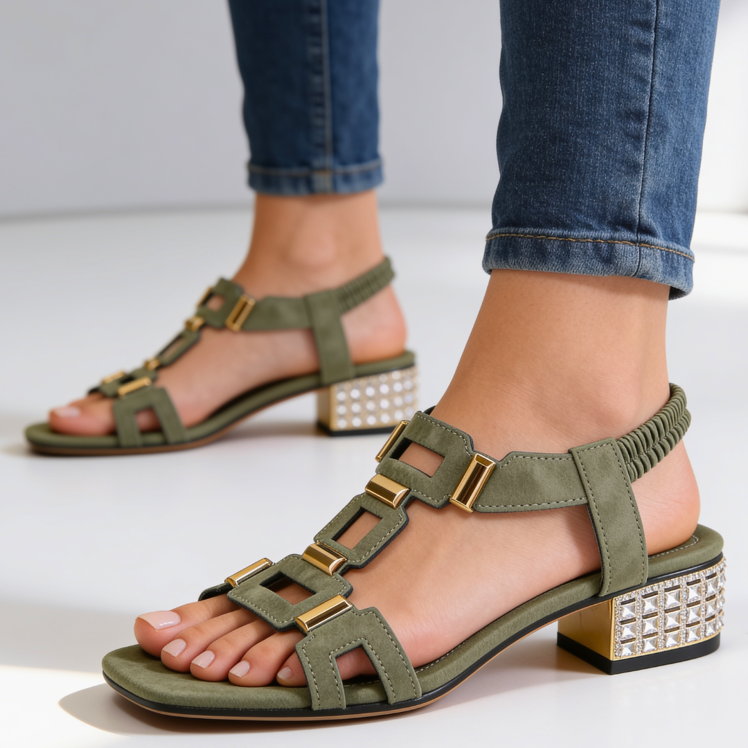 Marcella - sandali slingback con tacco a blocco e decorazioni in cristallo