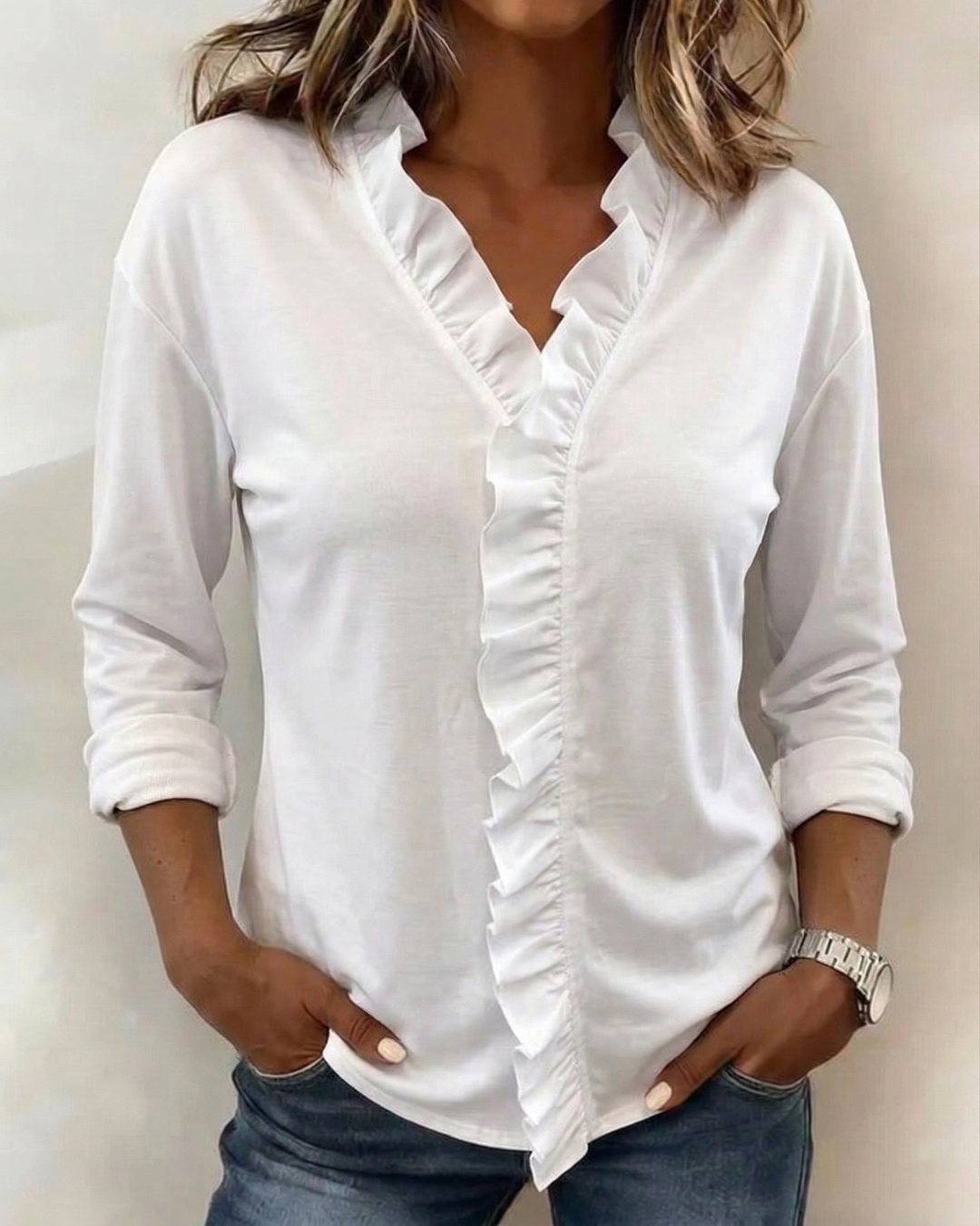 Maeryn - Blusa premium con volant e scollo a V