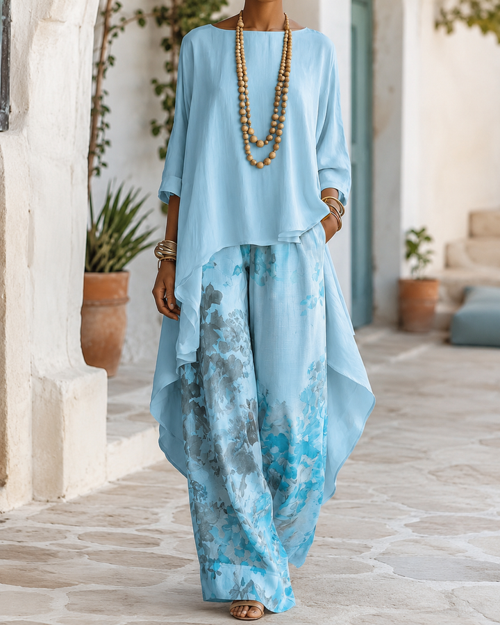 Anwyn - Coordinato con top in chiffon a strati e pantaloni a gamba larga