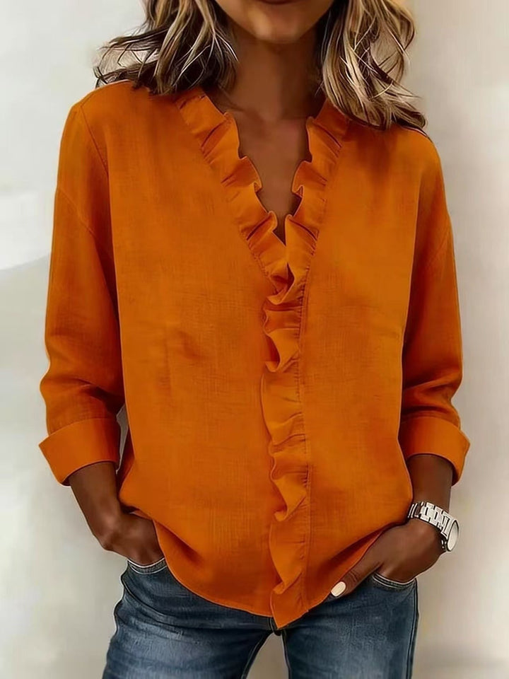 Brinae - Blusa a maniche lunghe con scollo a V arricciato, morbida al tatto