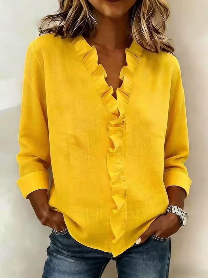 Brinae - Blusa a maniche lunghe con scollo a V arricciato, morbida al tatto