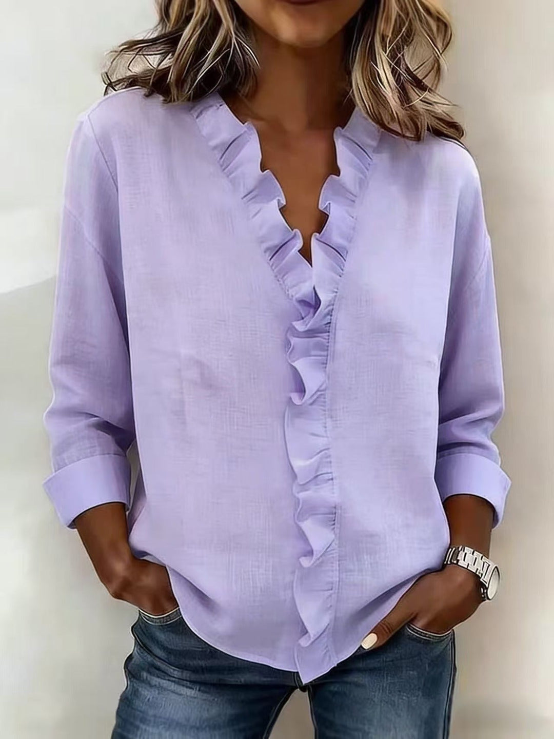 Brinae - Blusa a maniche lunghe con scollo a V arricciato, morbida al tatto