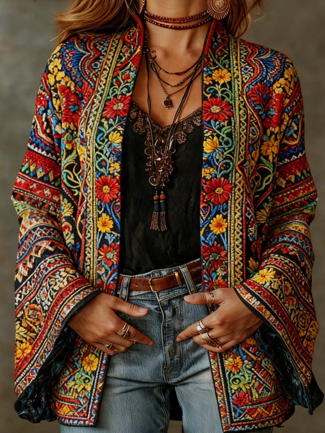 Eudocia - Cardigan stile kimono ricamato boho