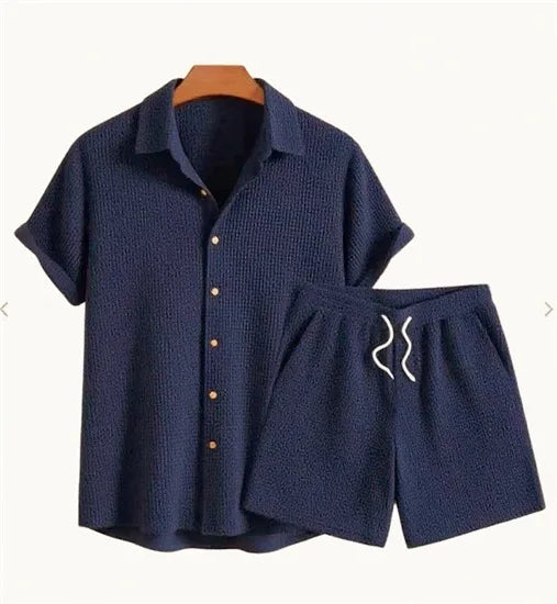 Jorvian - Coordinato estivo camicia e shorts in tessuto testurizzato
