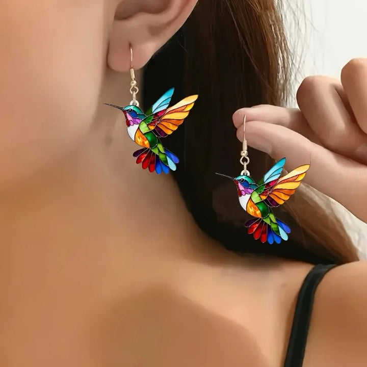 Ravellia - Orecchini a goccia multicolor con motivo colibrì