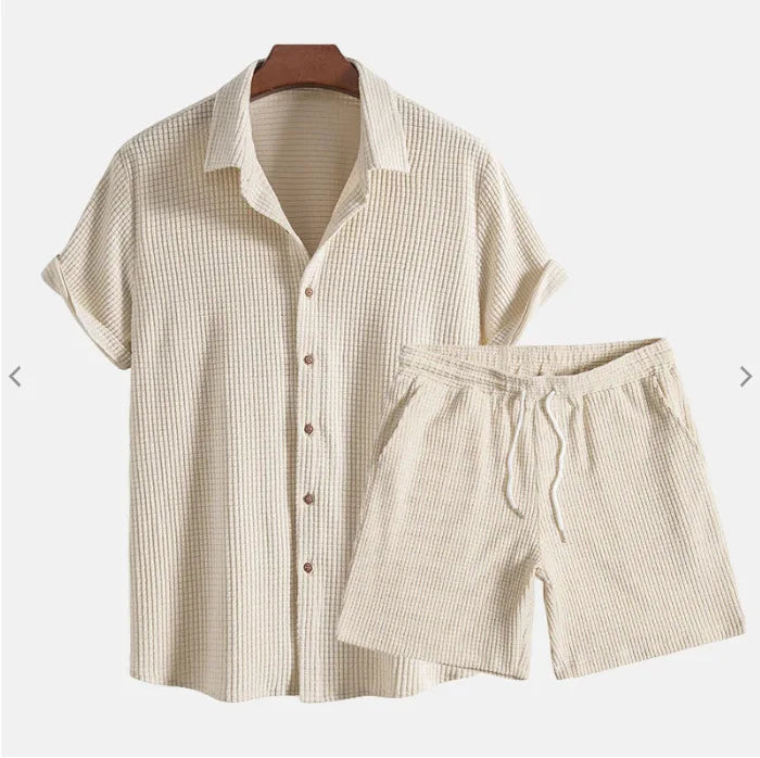 Jorvian - Coordinato estivo camicia e shorts in tessuto testurizzato