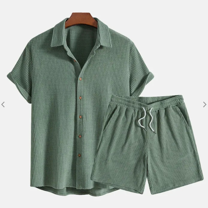 Jorvian - Coordinato estivo camicia e shorts in tessuto testurizzato