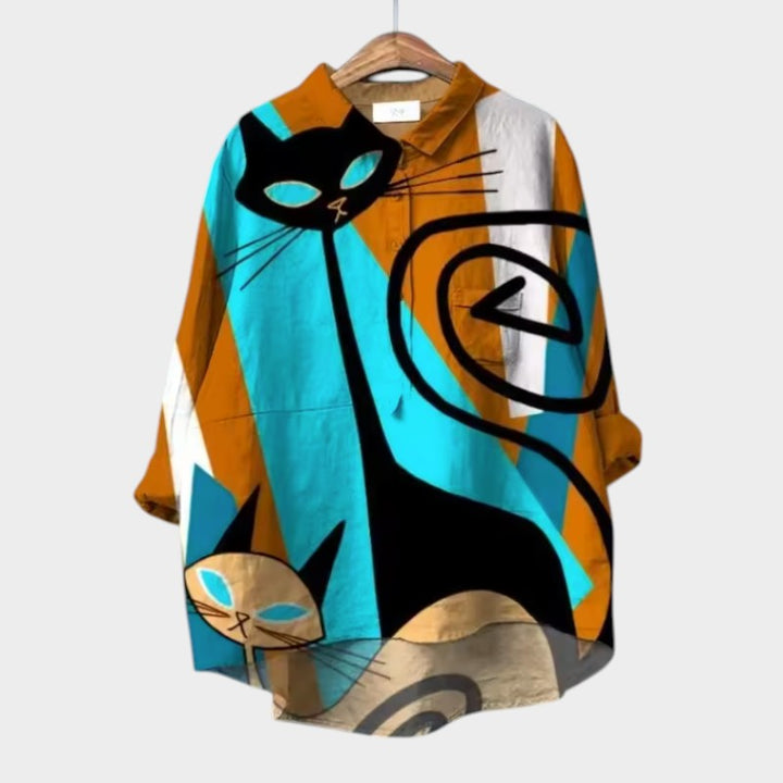 Ravea - Camicia con stampa di gatti morbida al tatto