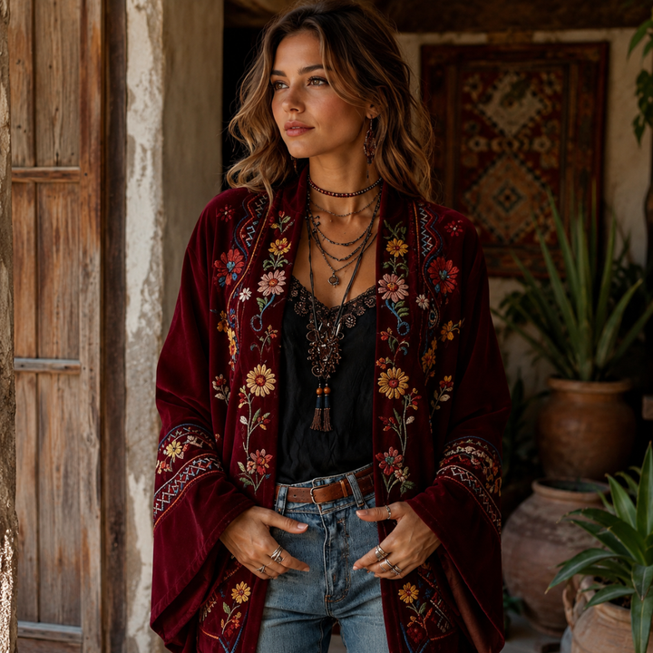 Eudocia - Cardigan stile kimono ricamato boho