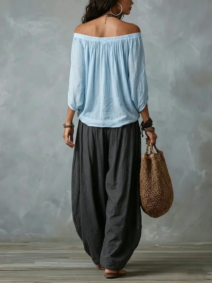 Ottavia - Coordinato con top boho con scollo Bardot e pantaloni harem